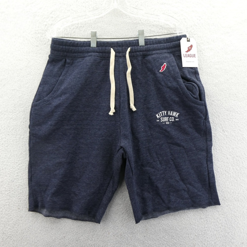 League Shorts Mens Large Kitty Hawk Surf Co Navy Blue Fleece Drawstring Cotton